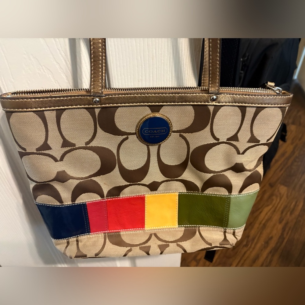 Coach Beige & Brown Logo Tote with Multicolor Stripe Panel - Picture 2 of 4